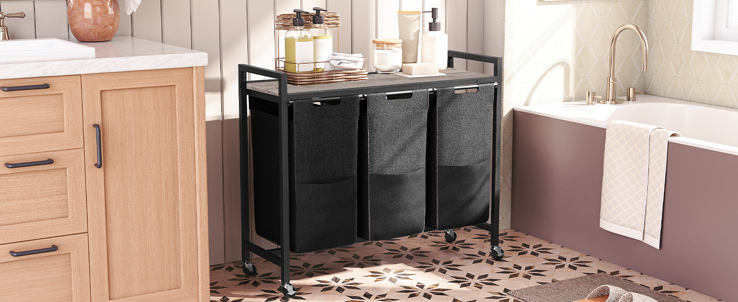 3-قسم فارز الغسيل مع العجلات, Removable Oxford Fabric Laundry Hamper, جريج وأسود, تصميم قابل للسحب