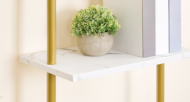 6-Επιτοίχιο ράφι σκάλας Tier DIY, Στενός Χρυσός & Μαρμάρινη Ξύλινη Βιβλιοθήκη, Πολυλειτουργικό ράφι αποθήκευσης οθόνης & Βάση φυτών για σαλόνι, Υπνοδωμάτιο, Μελέτη & Μπαλκόνι