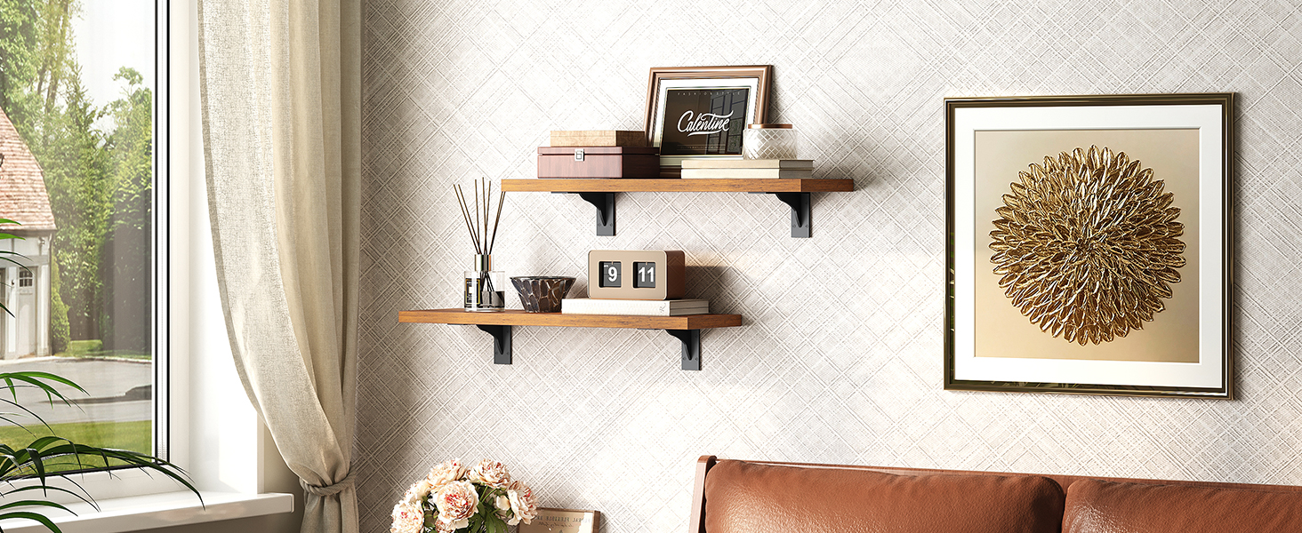 Wall-Mounted Floating Shelves (Set of 2), Wooden Storage Shelves with Metal Brackets, Suitable for Living Room, Bedroom, Bathroom, Rustic Brown and Black