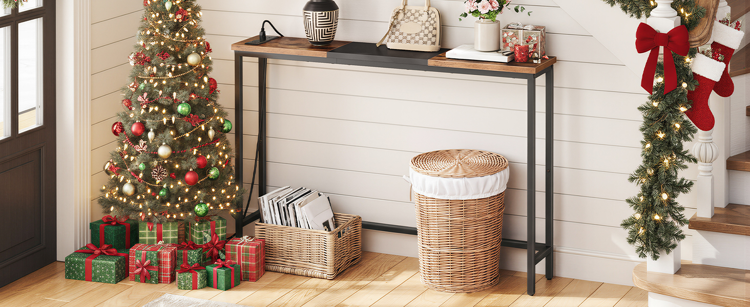 Úzky konzolový stolík s napájacími zásuvkami, 44.9-Palec pohovka, Štíhle za gaučovým stolom, Vchodová displejová polica, pre obývaciu izbu, Foyer, Predsieň, Rustikálna hnedá a čierna