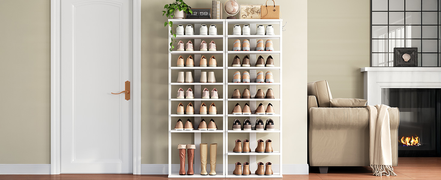 White 10-Tier Vertical Wooden Shoe Rack with Side Hooks, 20-Pair Narrow Storage Tower, Space-Saving Organizer for Entryway, Living Room and Bedroom