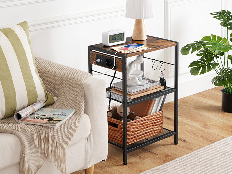 3-Tier Printer Stand with Charging Station, Multifunctional Storage Rack with Castors/Adjustable Feet and 2 Hooks, Suitable for Home Office, Vintage Brown & Black