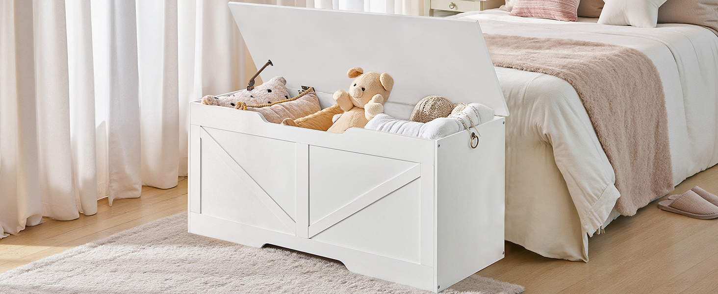 مقعد تخزين مع غطاء, صندوق تخزين الألعاب بمقابض, 110سم صندوق مستقر قوي, مناسبة للأطفال, المدخل, غرفة الجلوس, أبيض