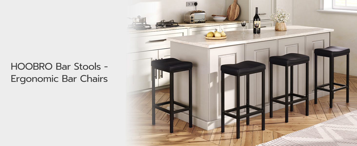 HOOBRO Bar Stools Set of 2, Breakfast Stools Height 63 cm with Footrests, PU Leather Kitchen Chairs, Counter Bar Chairs with Saddle Seat for Dining Room, Home Bar, Black