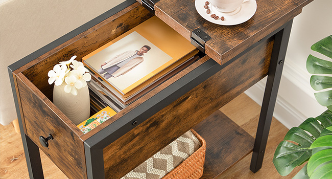 tavolino, Fcip tavolo superiore con scaffale di stoccaggio, Stretto comodino per piccoli spazi in soggiorno, camera da letto, industriale, costruzione stabile e robusta, rustico marrone e nero