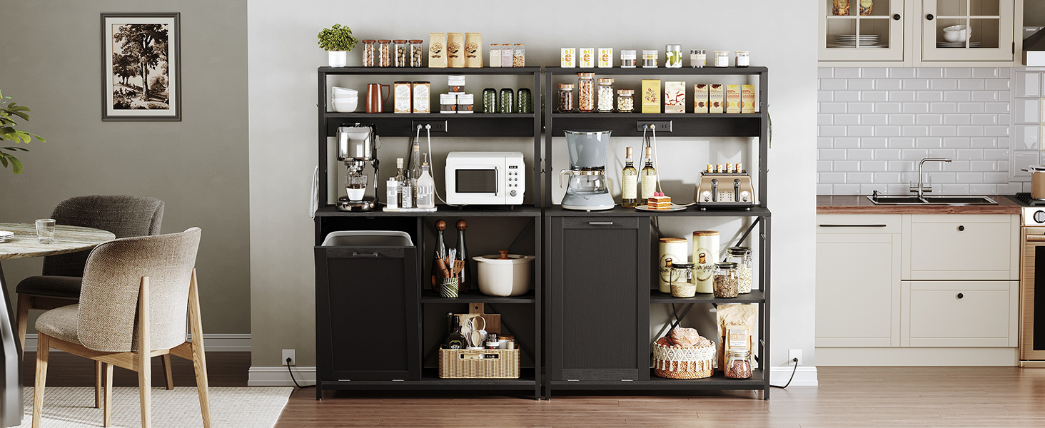 5-Tier Kitchen Bakers Rack with Integrated Power Module, Microwave Stand with Trash Can Storage Cabinet, Multi-Functional Storage Shelf for Coffee Bar, Dining & Living Room, Black Finish