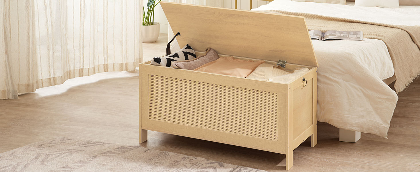 HOOBRO Storage Bench, Large Toy Box, Storage Chest with Faux Rattan Decoration, Toy Chest, 39.4'' Toy Storage Organizer, Safety Hinge and Sturdy Support, for Living Room, Bedroom, Natural