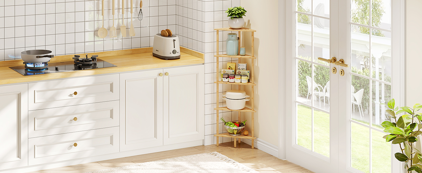 HOOBRO Corner Shelf Stand, 5-Tier Bamboo Corner Bookshelf, Plant Display Shelf, Corner Bookcase, Multipurpose Shelving Unit for Small Space, Living Room, Easy Assembly, Natural