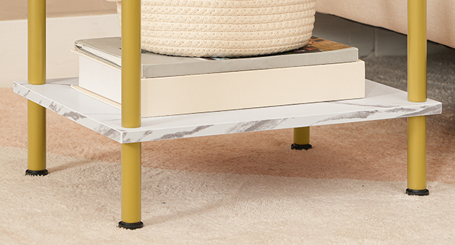 HOOBRO Side Table with Charging Station, End Table with USB Port and Outlet, Nightstand with 2-Layer Storage Shelves for Small Spaces, Living Room, Bedroom, Stable Frame, Gold and Marble