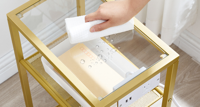 3-Tier End Table with Integrated Charging Station, Tempered Glass Side Table Equipped with USB Ports & Outlet, Modern Gold Metal Frame Nightstand with Storage Shelves for Living Room & Bedroom