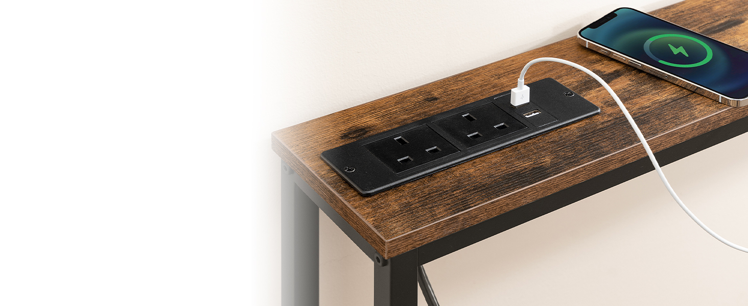 Slim Console Table ze stacją ładowania, Stół korytarzy z porty USB i punktami zasilającymi, 100 cm długi, wąska sofa/za stolikiem na kanapie do wejścia, małe przestrzenie, Rustykalny brąz