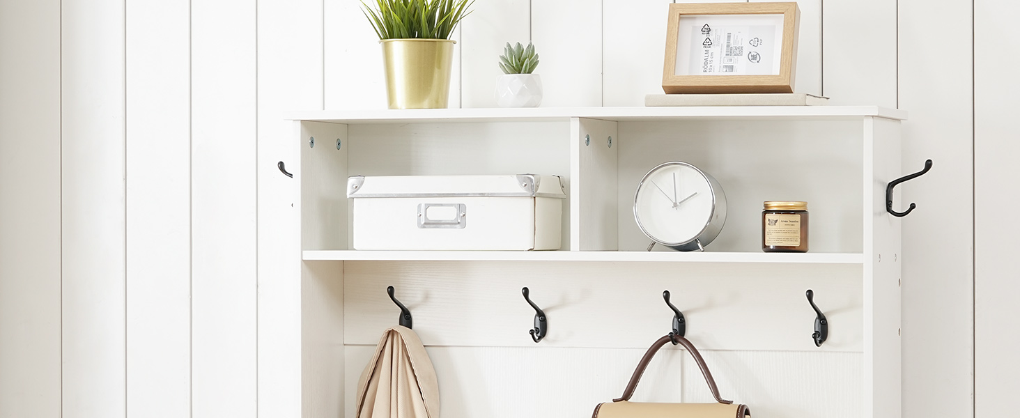 Hall Tree with Bench, Entryway Storage Combination with Coat Rack and Shoe Cabinet, Flip Drawers, Farmhouse-Style Entryway Organizer with Shoe Storage, Suitable for Mud Room, White and Walnut