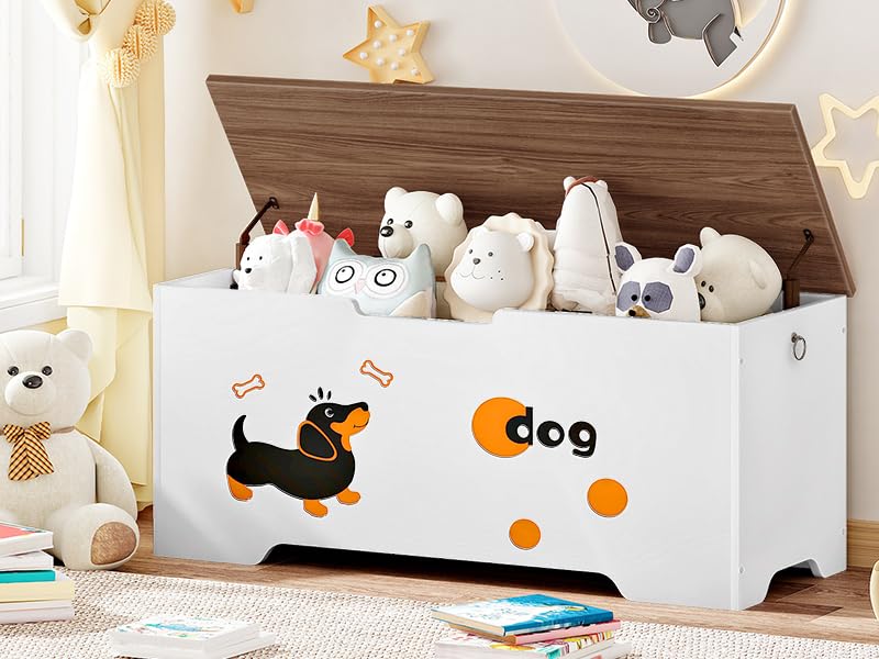 صندوق تخزين الألعاب مع 2 مفصلات السلامة, مقعد تخزين خشبي متعدد الوظائف, مناسبة للمدخل, غرفة النوم وغرفة المعيشة, أبيض & جوز