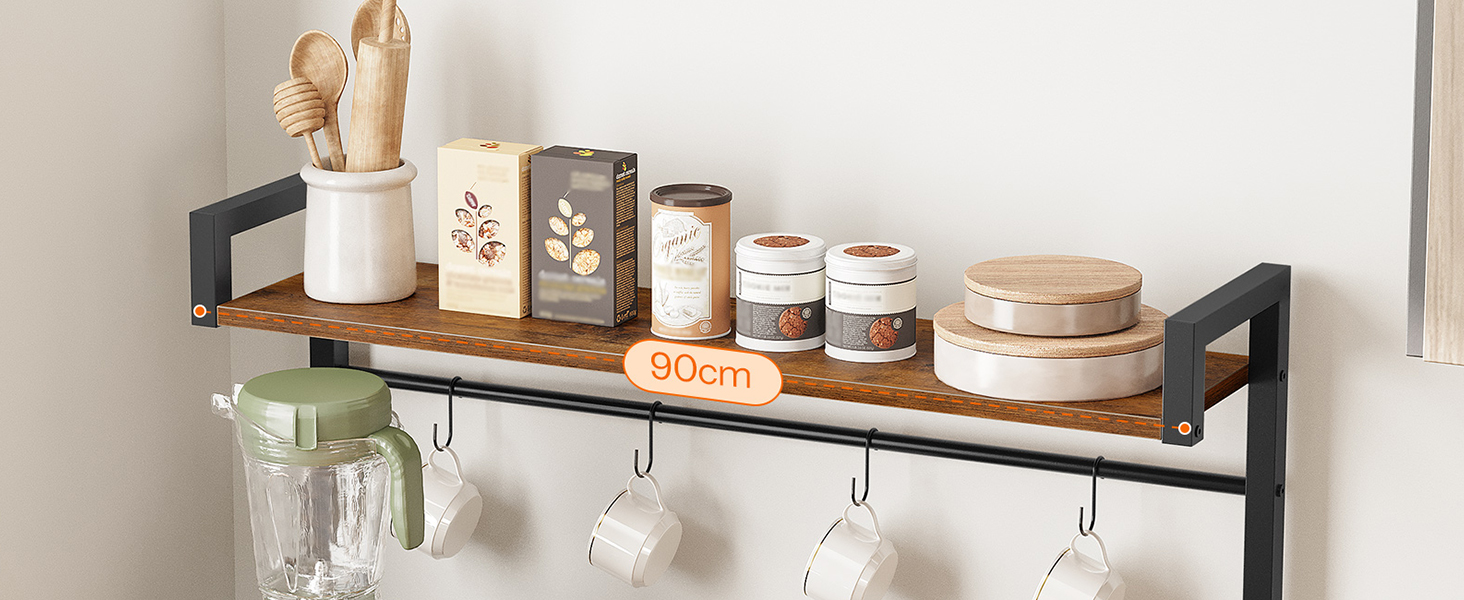 Kitchen Storage Shelf with Power Sockets, Free-Standing Microwave Oven Stand, Equipped with 4 S-Hooks, Rustic Brown & Black