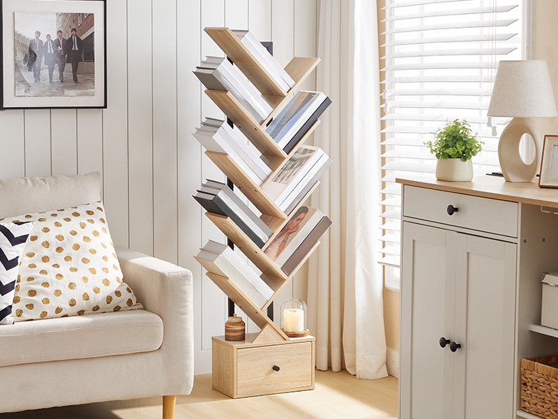 9-Tier Tree-Shaped Bookcase, Vintage-Style Book Organizer & CD Storage Rack, Black and Natural Wood Color, Suitable for Living Room, Bedroom and Study