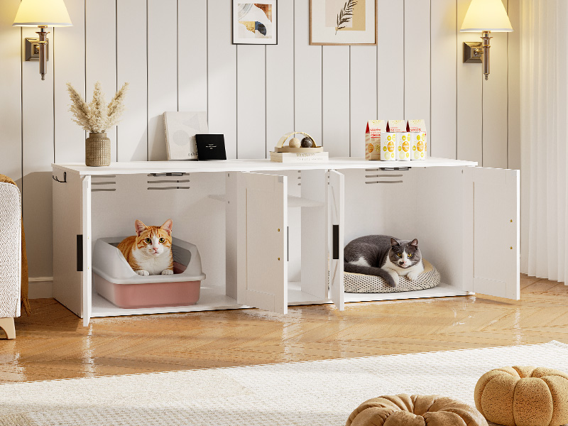 Witte dubbele kattenbakbehuizing, Verborgen type met gang, Houten kattenbakmeubel met opberglaag en haken