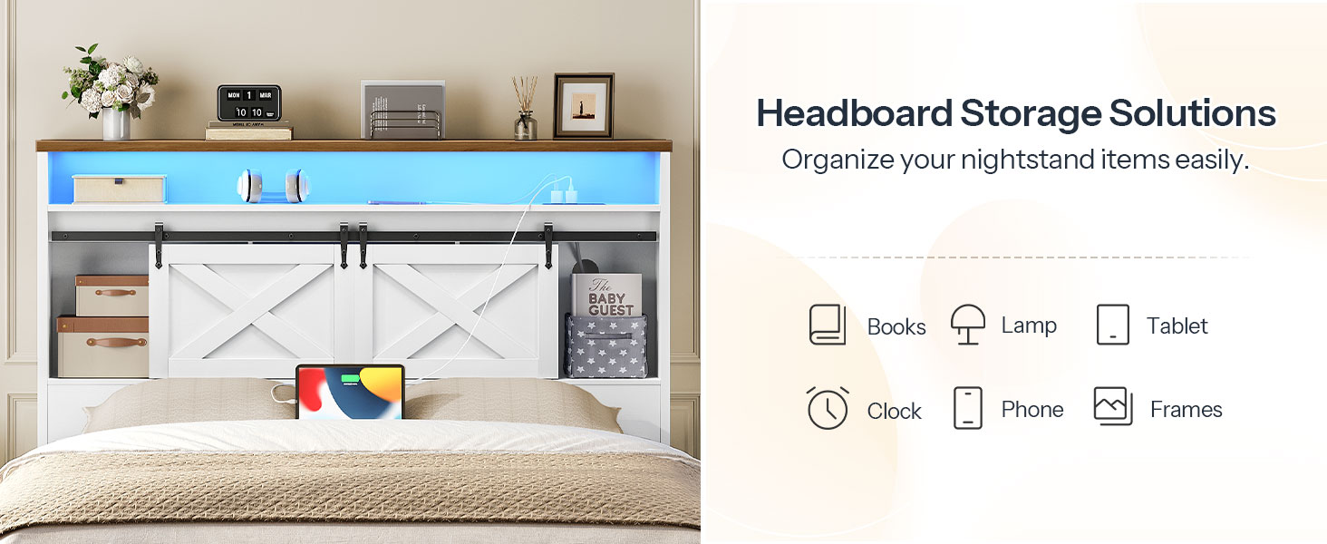 Queen-Size Farmhouse Headboard with Storage, Integrated Charging Station & LED Lighting, Bookcase Design with Flip-Down Drawer & Sliding Barn Doors, White & Walnut Finish