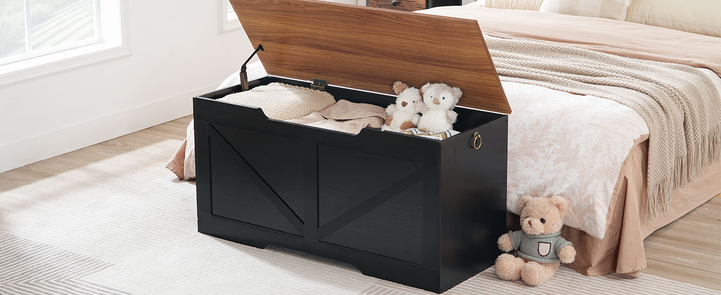 Banc de rangement HOOBRO, 39.4" Coffre de rangement en bois rétro avec traction de découpe en forme de U, Charnière de sécurité, Les soutiens 220 lb et assemblage facile pour organisateur de coffre à jouets (Noir et noix)
