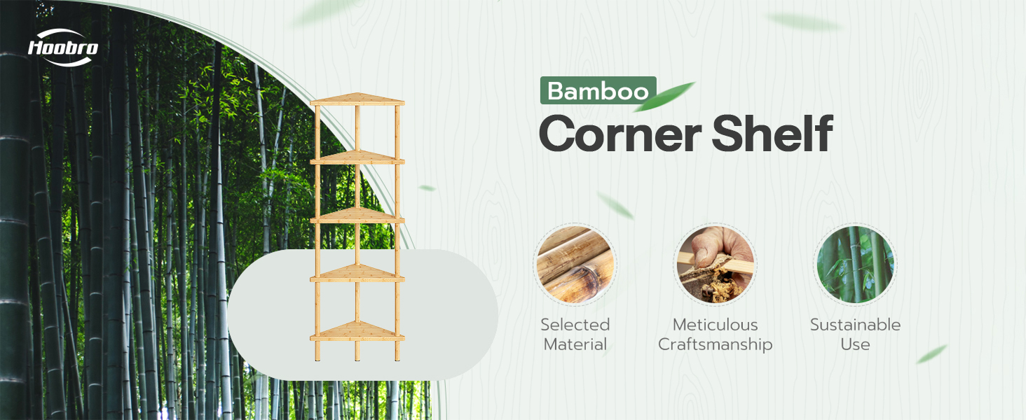 HOOBRO Corner Shelf Stand, 5-Tier Bamboo Corner Bookshelf, Plant Display Shelf, Corner Bookcase, Multipurpose Shelving Unit for Small Space, Living Room, Easy Assembly, Natural