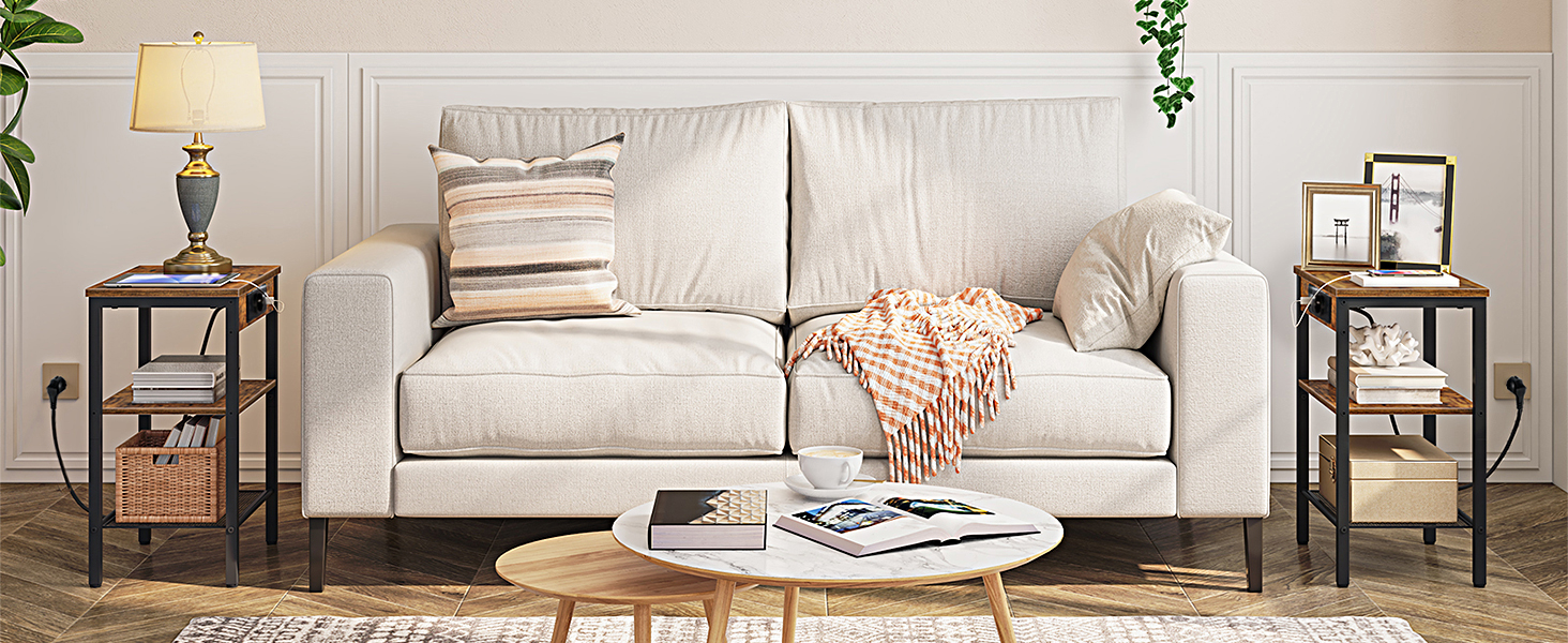 3-Etagen-Beistelltisch mit Ladestation und USB-Anschlüssen, Schmaler Nachttisch mit verstellbarer Ablage, Geeignet für Wohnzimmer, Vintage Brown