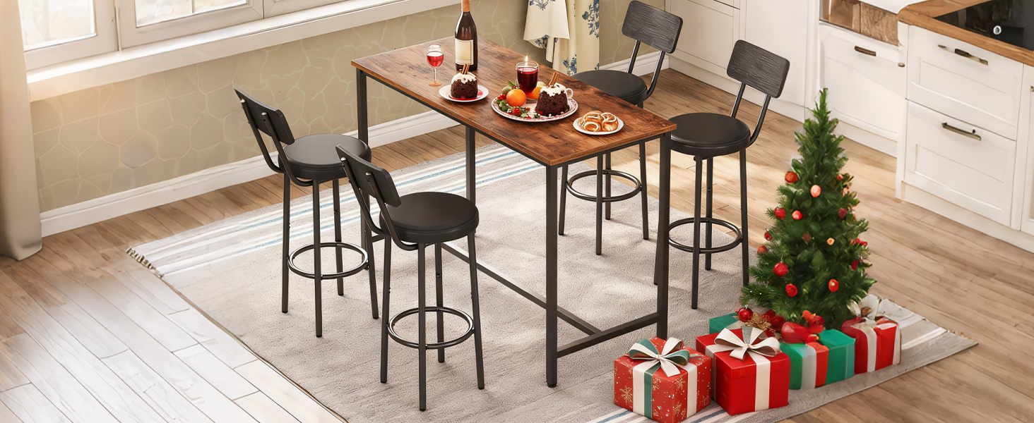 Set of 2 26-Inch Bar Stools, PU-Upholstered Counter Height Chairs with Backrest & Footrest, Industrial-Style Seating for Kitchen Island & Dining Room, Easy Assembly, Black Finish