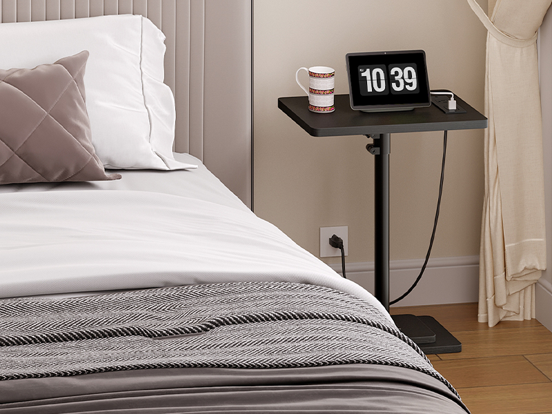 Adjustable Height End Table, 360° Swivel Narrow Side Table with Charging Station, Narrow Sofa Bedside Table for Small Space, Living Room, Bedroom, Black