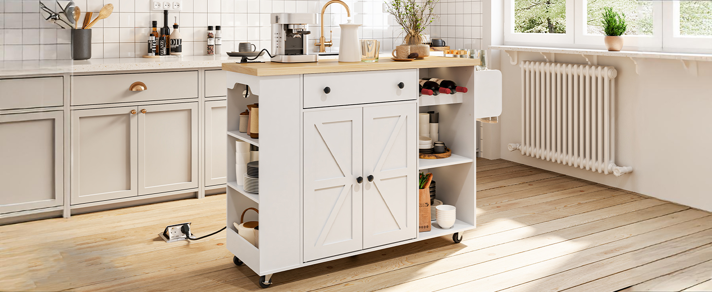 Mobile Kitchen Island Cart with Power Outlet, White & Natural Finish Rolling Storage Island with Cabinet, Wine Rack & Spice Rack