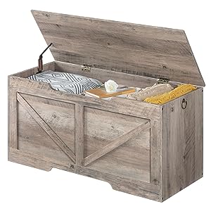 Coffre de rangement, Organisateur de coffre à jouets rétro avec poignée découpée en forme de U, Banc de rangement, Charnière de sécurité, Coffre à jouets robuste, En bois, Les soutiens 220 kg, Assemblage facile, Gris