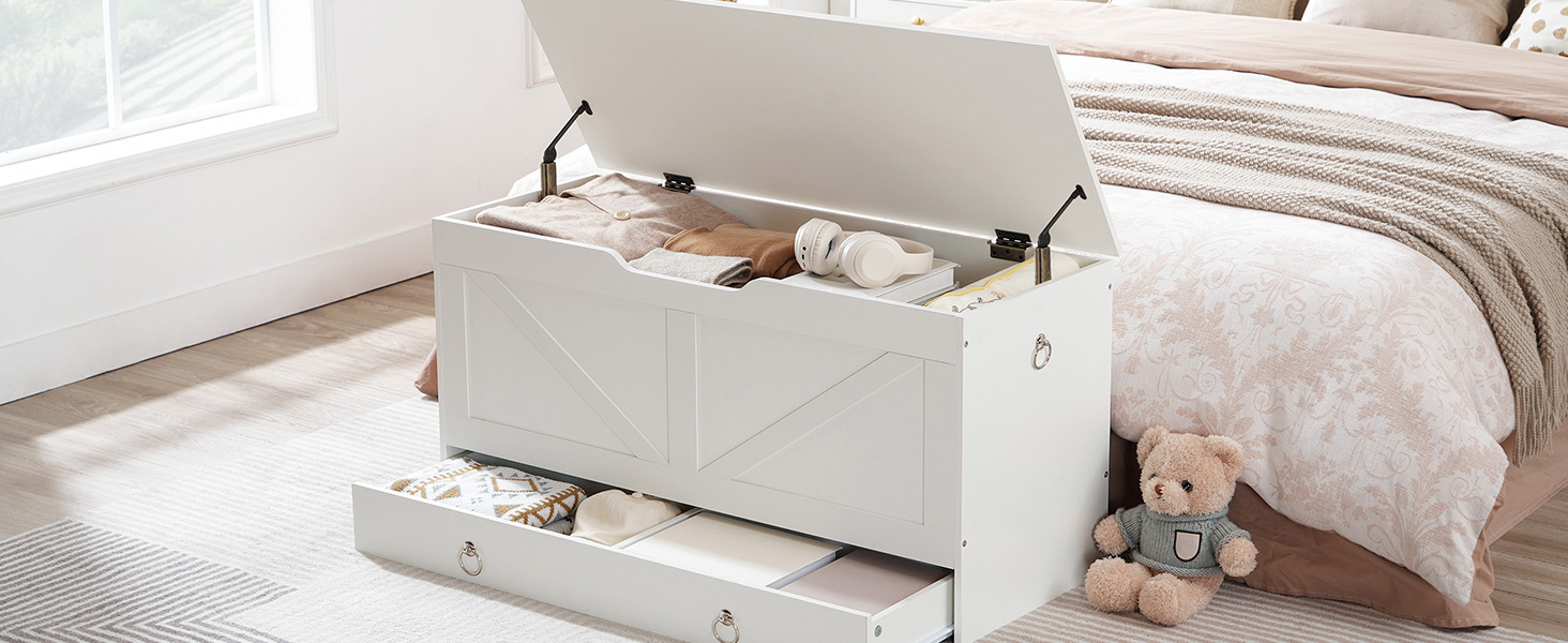 Coffre de rangement HOOBRO, 39.3" Coffre jouet avec tiroir, Banc de rangement en bois, Supports de banc d