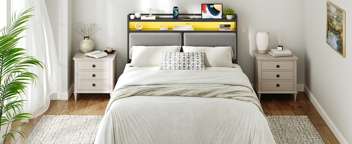 Queen-Size Upholstered Headboard with Integrated Charging Station & Регулируемое светодиодное освещение, 2 Розетки переменного тока & 2 USB-порты, Double-Tier Storage Design, Легкая сборка, Черный & Gray Finish