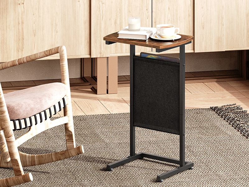 C-Shaped End Table, Small Sofa Side Table with Storage Bag, Sturdy Metal and Engineered Wood Frame, Suitable for Living Room, Bedroom, Hallway, Rustic Brown & Black