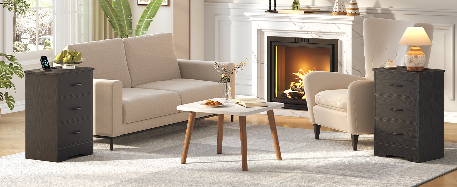 Black Bedside Table with Integrated Charging Station, Slim Side Table with 3 Szuflady z włókniny, 2 Gniazda, 1 USB-A & 1 Type-C Port for Living Room and Bedroom