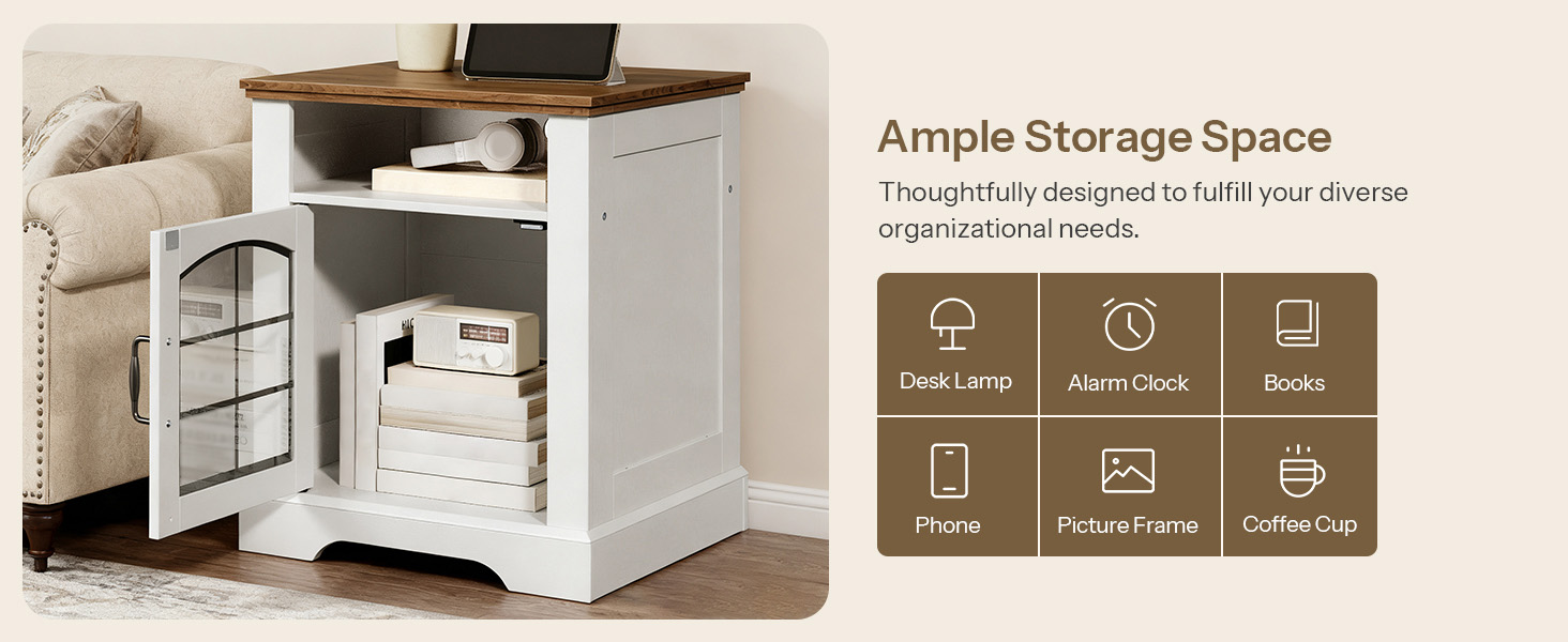 Farmhouse Style End Table with Charging Station, 45cm Wide Nightstand, White & Walnut Wooden Sofa Side Table with Tempered Glass Barn Door and Open Shelf