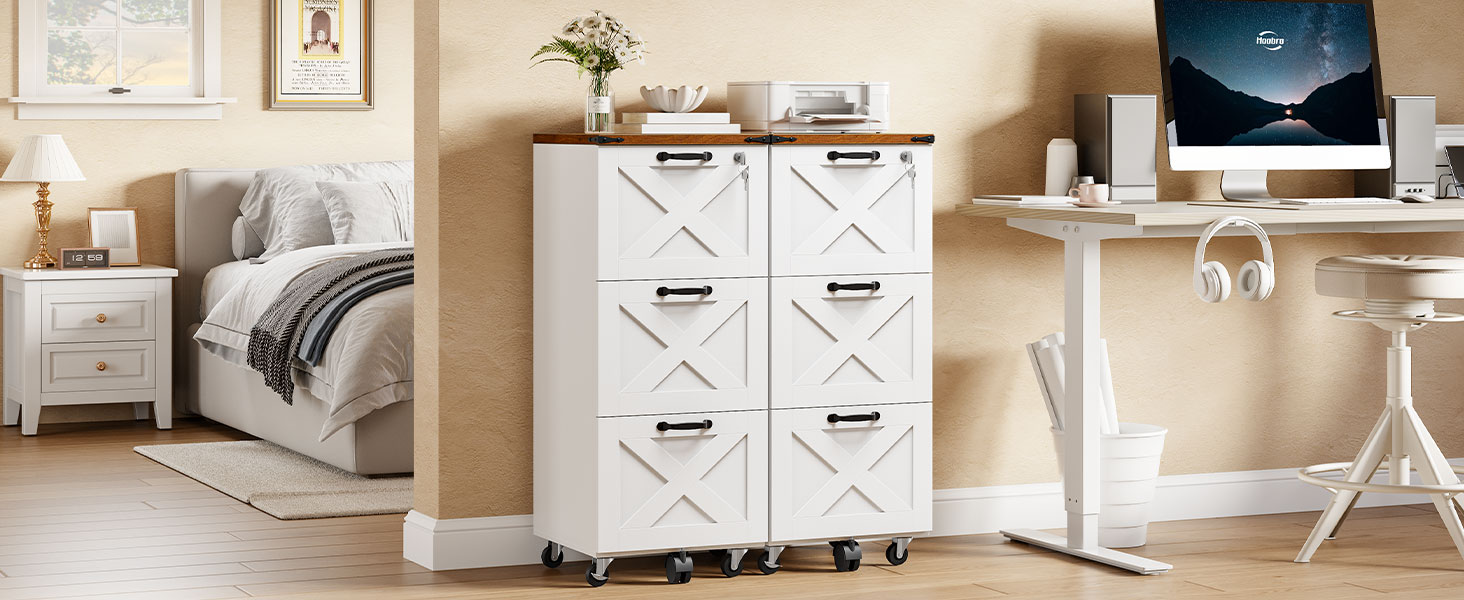 HOOBRO 3 Drawer File Cabinet with Lock, Farmhouse Office Cabinet, Wooden Tall Mobile Filing Cabinet Fits A4 and Letter-Size File Folder, Tulostinteline, kotitoimistoa varten, Valkoinen ja pähkinä