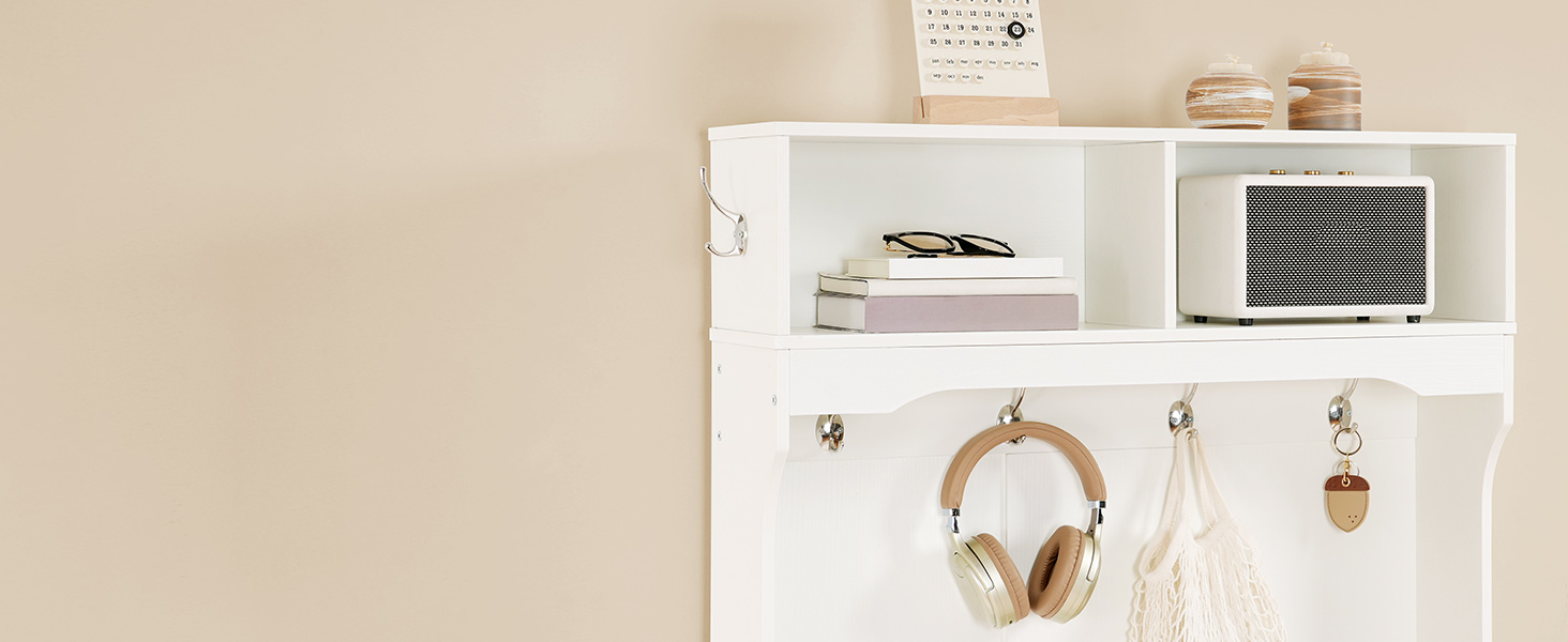 Entryway Hall Tree with Integrated Bench & Shoe Storage, Coat Rack with Flip-Down Cabinet Door, Multi-Functional Storage Solution for Mud Room, White Finish