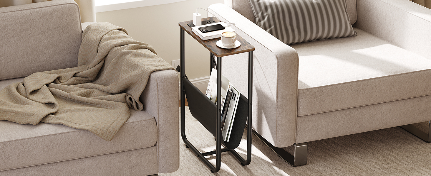 schmuel Enn Dësch mat Opluedstatioun, Slim Säit Table mat Späichere, dënn End Dësch mam Magazinhalter, schmuel Enn Dësch, Nuetsstand fir Schlofkummer, Wunnzëmmer, rustikal brong