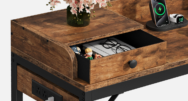 Rustic Brown & Black Mobile Overbed Table with Lockable Wheels, 180cm Height-Adjustable Over Bed Desk Equipped with Charging Station, Suitable for Bedroom, Living Room and Office