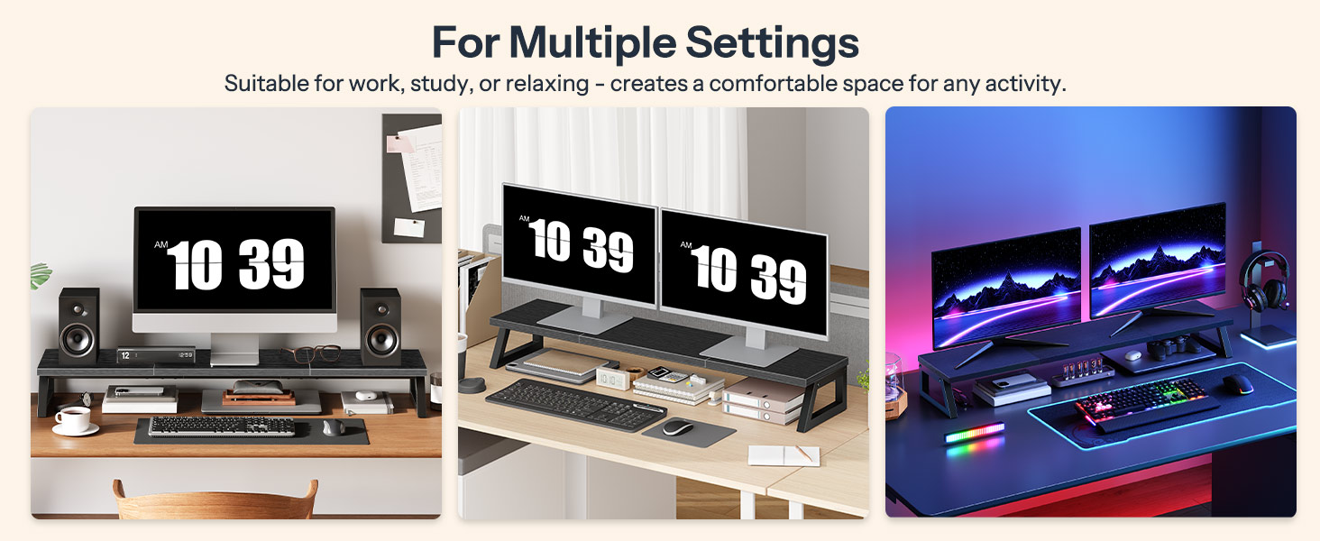 39-Inch Dual Monitor Stand Riser, Heavy-Duty Monitor Elevation Shelf for 2 Monitors (Up to 27 Inches Each), Ergonomic Desk Organizer for Office Workspace, Black