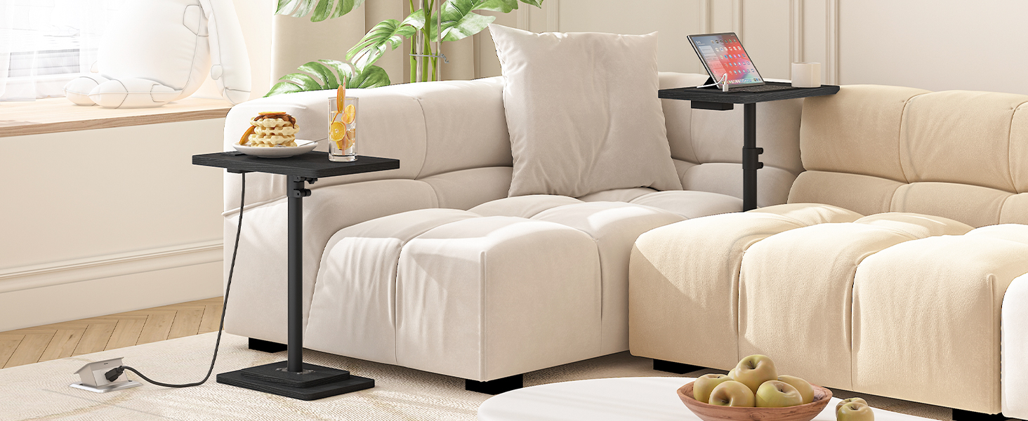 Adjustable Height End Table, 360° Swivel Narrow Side Table with Charging Station, Narrow Sofa Bedside Table for Small Space, Living Room, Bedroom, Black