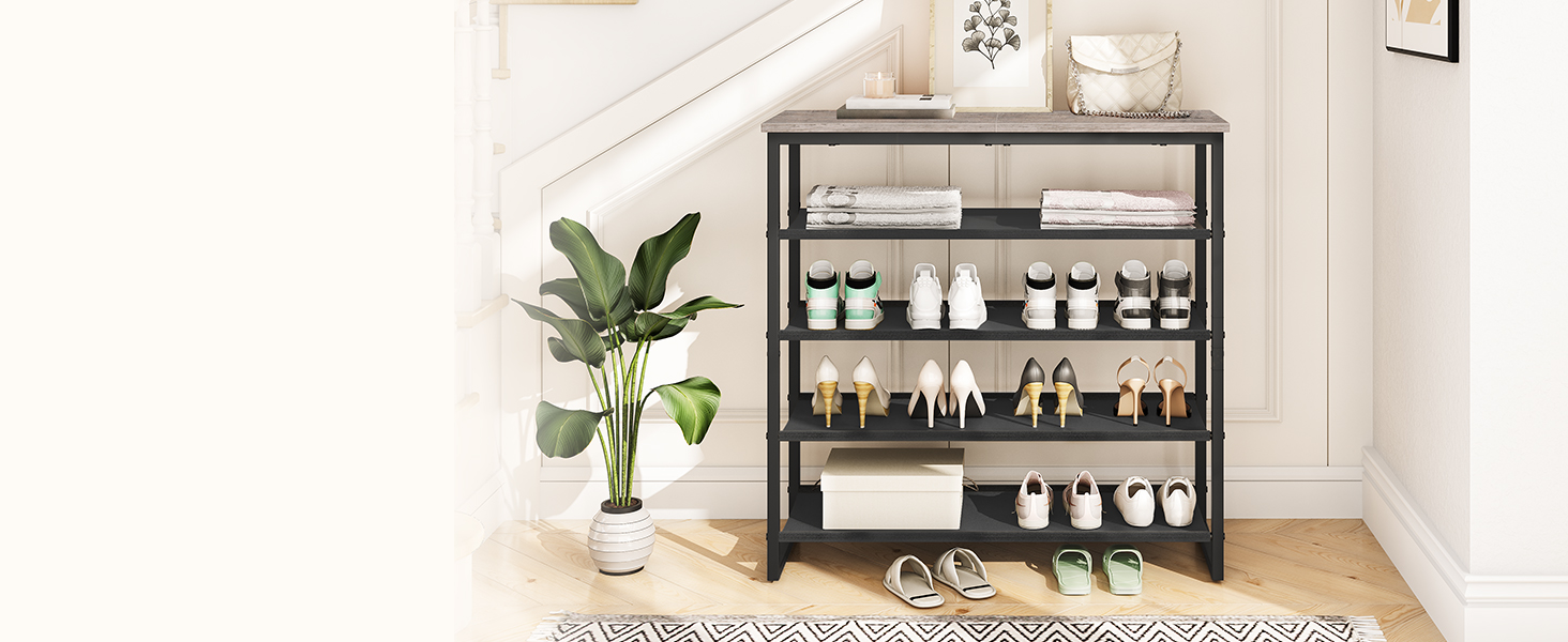 HOOBRO Shoe Rack, 5 Tier Shoe Storage Organizer with 4 Oxford Fabric Shelves and Top Panel, Holds 16-20 Pairs of Shoes, for Entryway and Closet, Industrial, Greige and Black