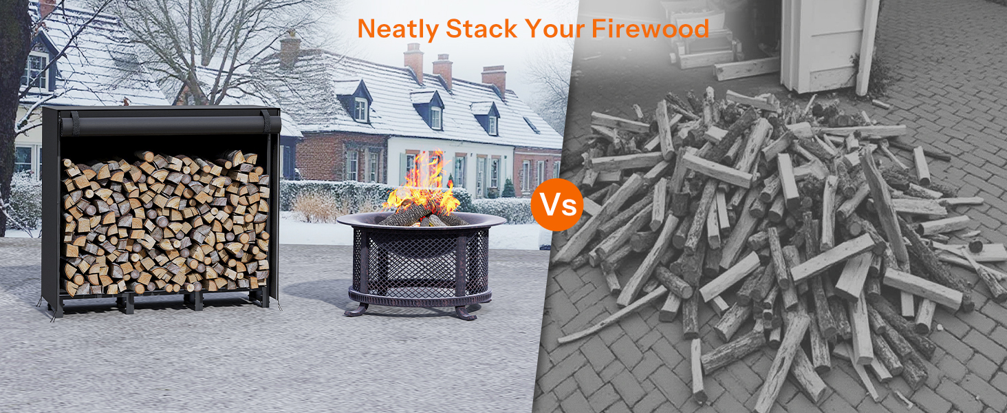 Svart 4ft ved Rack med deksel, Utendørs vedloggstativ, Justerbar loggholder med vanntett deksel, Peis tre lagring, Kraftig treholder, for innendørs og utendørs