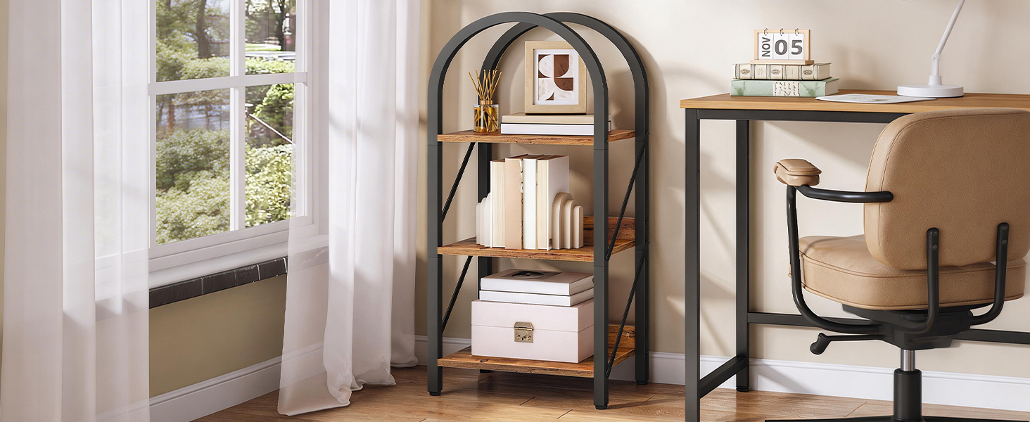 3-Tier Arched Industrial Bookshelf, Rustic Brown & Black Metal-Frame Display Rack & Storage Organizer, Suitable for Living Room, Office and Bedroom