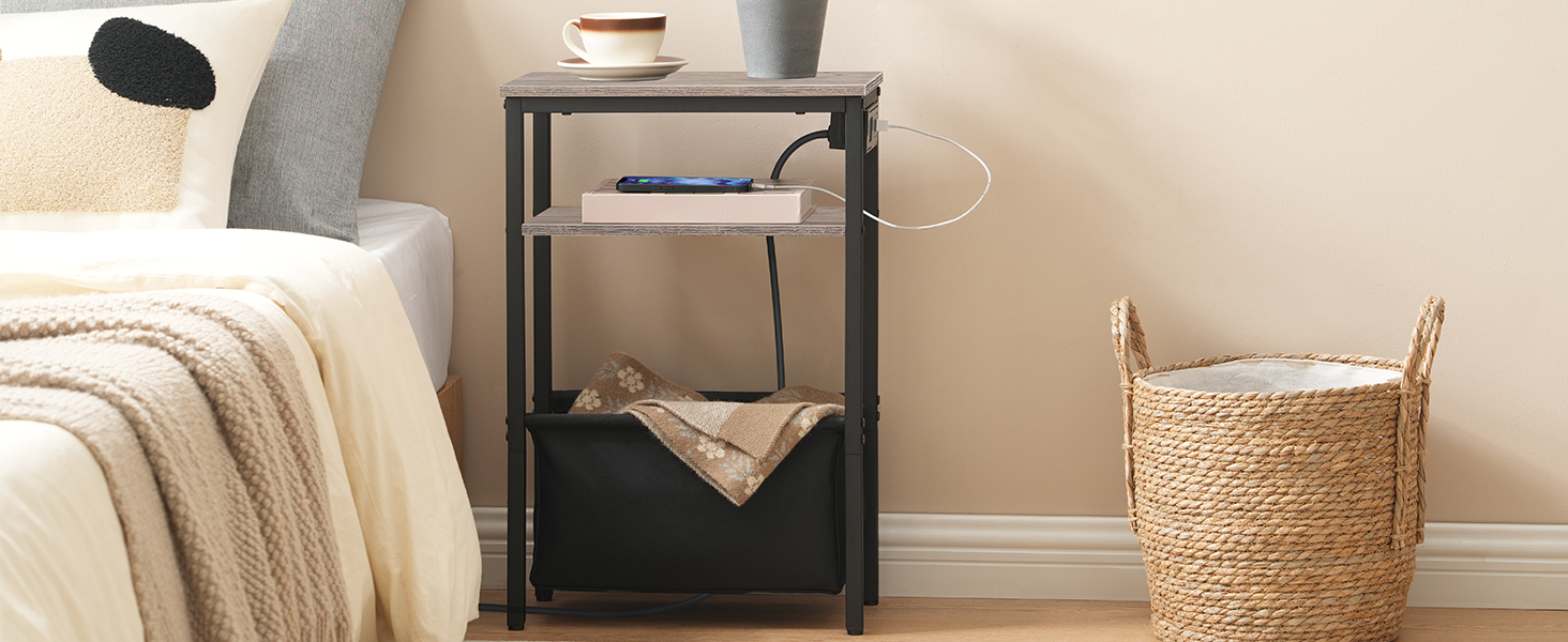 Table d'appoint étroite HOOBRO, Table de chevet fine avec station de recharge pour petit espace, Ports USB et prise de courant, 40 x 20 x 60 cm, pour le salon, Grège et Noir