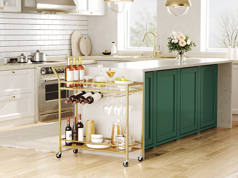 2-Tier Gold Bar Cart with Wine Rack and Glass Holder, Mobile Serving Cart with Wheels and Guard Rails for Dining Room, غرفة الجلوس, الحزب والحانة