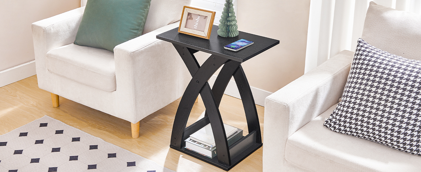 Narrow End Table with X-Shaped Support Structure, 2-Tier Slim Side Table with Storage Shelf, Space-Saving Bedside Furniture for Living Room, Bedroom and Compact Spaces, Black Finish