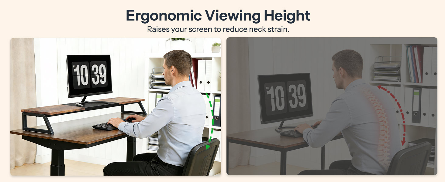 Dual Monitor Stand Riser, 39-Inch Large-Surface Monitor Elevation Shelf for 2 Monitors, Multi-Functional Desk Organizer for Office Workspace & Accessories, Rustic Brown & Black