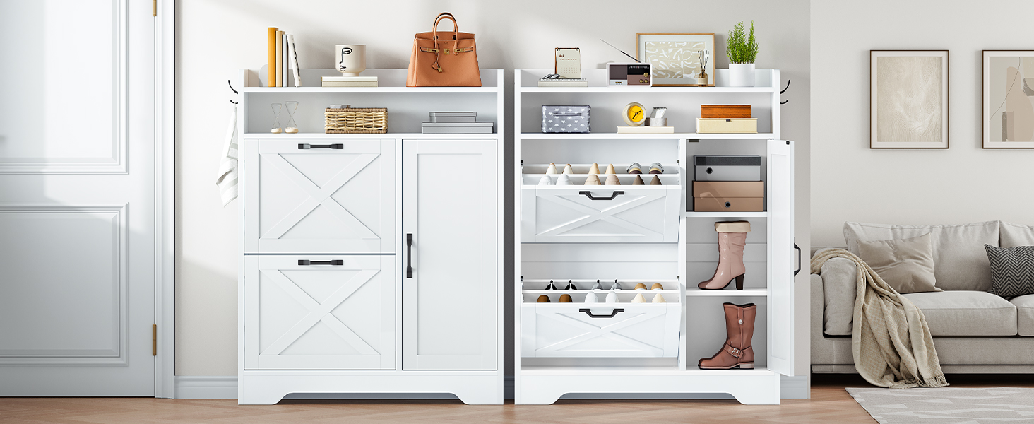 Entryway Shoe Storage Cabinet, Wooden Shoe Organizer with 2 Flip Drawers, Narrow Shoe Cabinet with Adjustable Side Compartments, White Finish