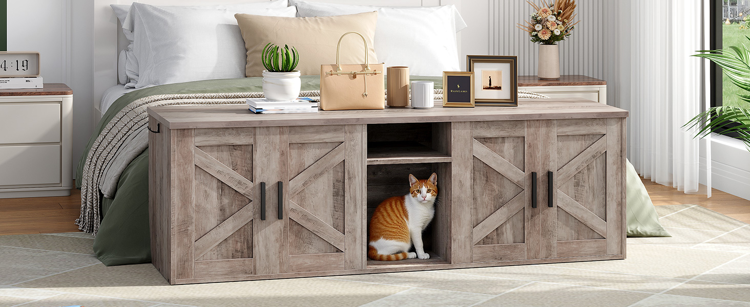 Grijze dubbele kattenbakbehuizing, Verborgen ontwerp met gang, Houten kattenbak met haken