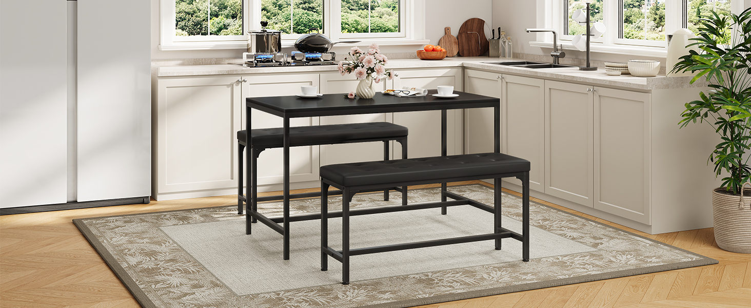 Upholstered Dining Bench with H-Shape Frame, 140kg Load-Bearing Capacity, Button-Tufted PU Leather Seat, Suitable for Entryway, Hallway, Dining Room, Kitchen and Bedroom, Easy Assembly, Black