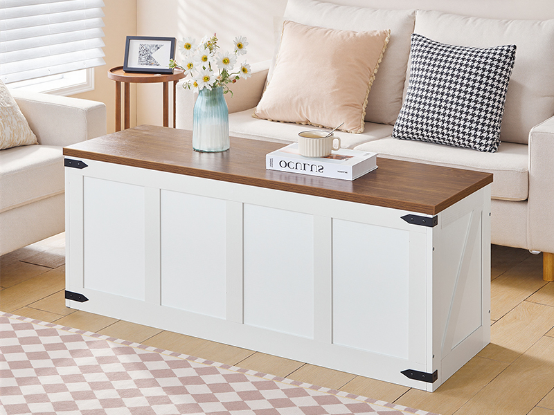 HOOBRO Banc de rangement en bois de ferme de 47,2 po avec charnières de sécurité, Coffre organisateur de jouets pour couloir, Chambre à coucher, Salon - Blanc & Noyer